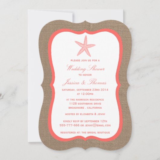 Invitation Coral Starfish Sur Burlap Beach Mariage Douche (Devant)