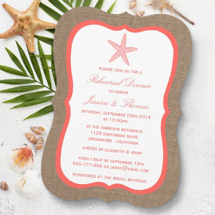 Invitation Coral Starfish Sur Burlap Plage Dîner De Répétitio