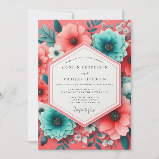 Invitation Coral Teal Bloom Romance Wedding (Devant)