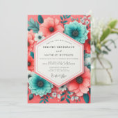 Invitation Coral Teal Bloom Romance Wedding (Debout devant)