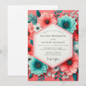 Invitation Coral Teal Bloom Romance Wedding (Devant / Derrière)