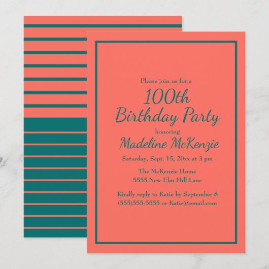 Invitation Coral Teal Striped 100th Birthday Party Invite (Devant / Derrière)