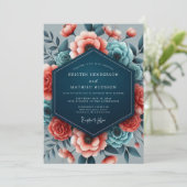 Invitation Coral Teal Vibrant Flora Wedding (Debout devant)