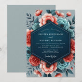 Invitation Coral Teal Vibrant Flora Wedding (Devant / Derrière)