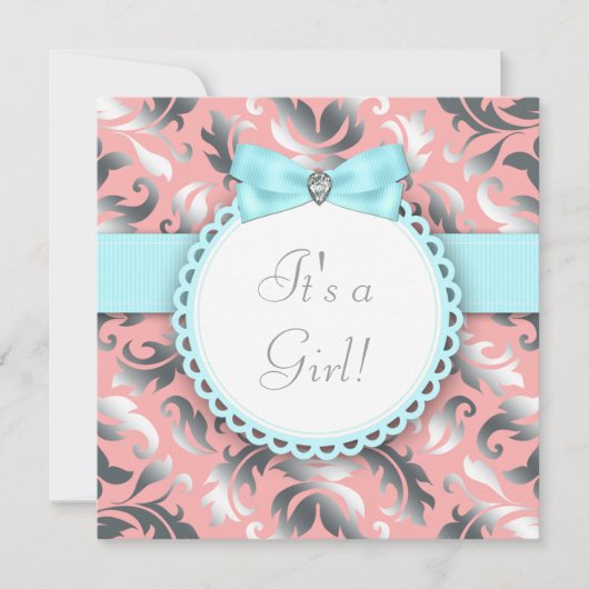 Invitation Coral Turquoise bleu et gris Baby shower (Devant)