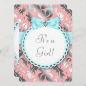 Invitation Coral Turquoise Bleu et Gris Bébé Fille Douche (Devant / Derrière)