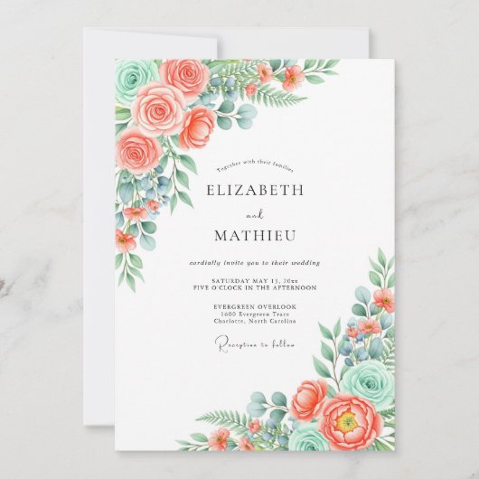 Invitation Coral Verdant Blossom Wedding (Devant)