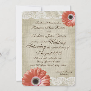 Invitation Coral vintage Gerbera Daisy et Mariage de dentelle