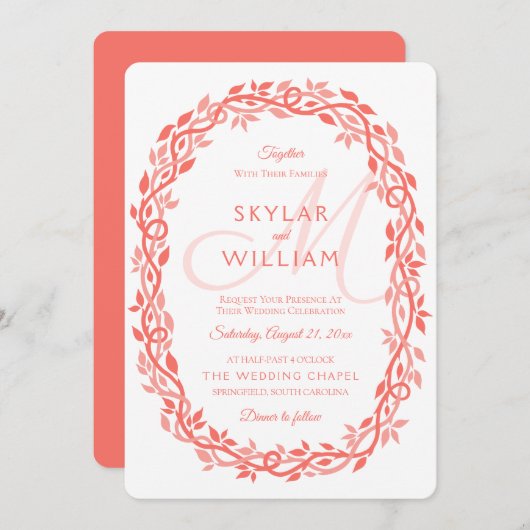 Invitation Coral Woodsy Mariage Vivre Coral Wreath Chic (Devant / Derrière)