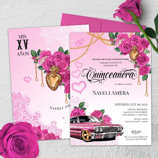 Invitation Corazon rose de Milagros Lowrider Quinceanera