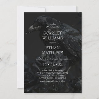 Invitation Corbeau floral noir gothique et Mariage Rose