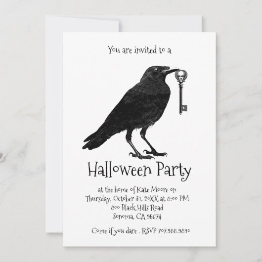 Invitation Corbeau Gothique Et Squelette Clé Halloween Party (Devant)