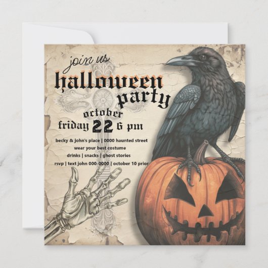Invitation Corbeau | JACK-O'-LANTERN | Main de squelette | Ha (Devant)