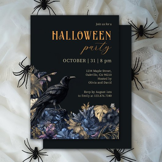 Invitation Corbeau noir et fête d'Halloween florale foncée