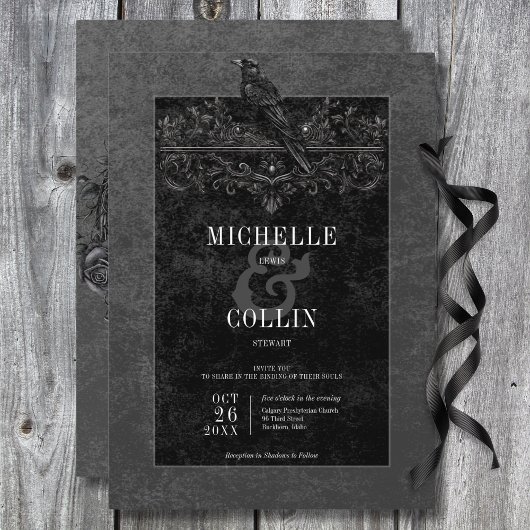 Invitation Corbeau noir gothique et Mariage Rose noir