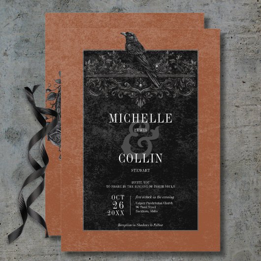 Invitation Corbeau noir gothique et Mariage rouille Rose noir