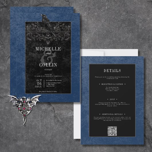 Invitation Corbeau noir gothique et Rose noir bleu à deux côt