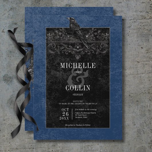 Invitation Corbeau noir gothique et Rose noir Mariage bleu