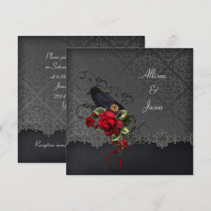 Invitation Corbeau Rouge Roses Noir Gris Damas