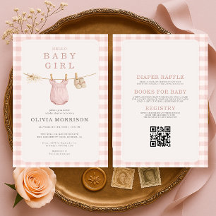 Invitation Corde à linge bébé fille rose blush tout-en-un 