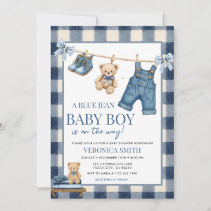Invitation Corde à linge en jean bleu Fête bébé garçon en den