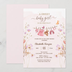 Invitation Corde à linge rose chic Fleurs sauvages Baby Showe