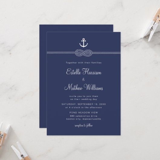 Invitation Corde d'Ancre bleue marine Nautique Mariage de cod (Devant/Arrière en situation)