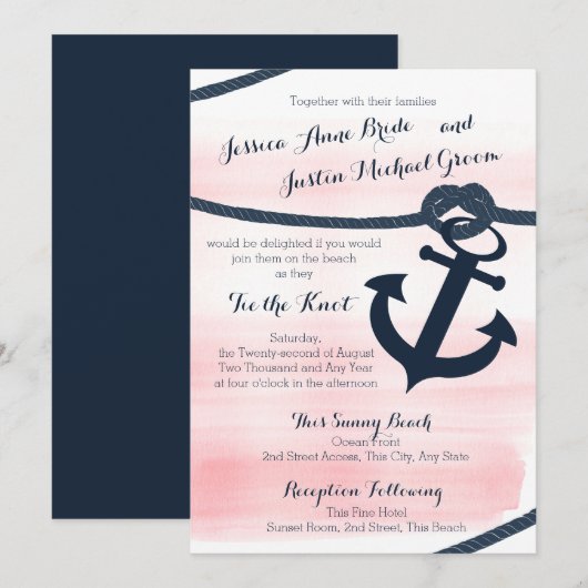 Invitation Corde et Mariage d'Ancres Nautical Pink et Navy (Devant / Derrière)