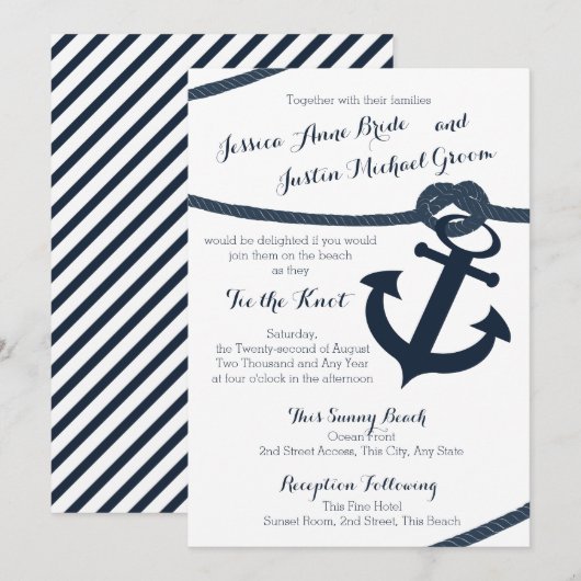 Invitation Corde nautique et Ancre Dark Navy Mariage (Devant / Derrière)