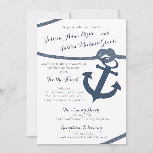 Invitation Corde nautique et Mariage Ancre (Devant)