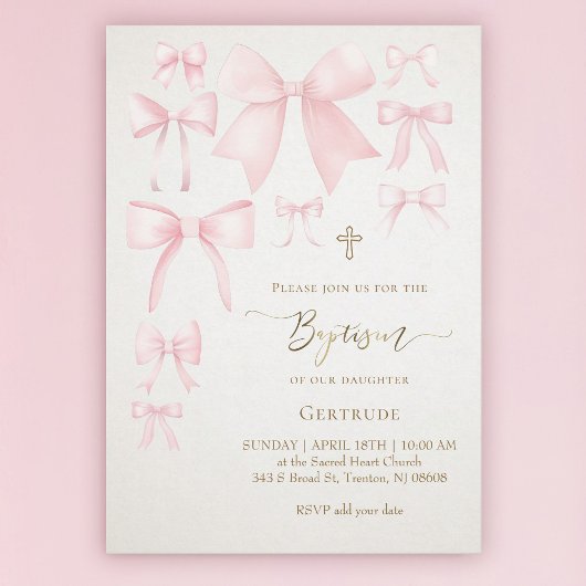 Invitation cordes roses ivoire arrière - plan bébé fille Bapt