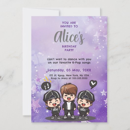 Invitation Coréen Pop Music K-Pop Boyband fête d'anniversaire (Devant)