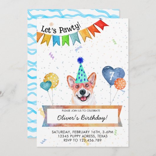 Invitation Corgi laisse Pawty Dog fête d'anniversaire (Devant / Derrière)