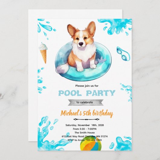Invitation Corgi pool party Invite (Devant / Derrière)
