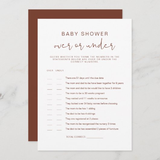 Invitation CORIANDER Boho Rust over Under Baby shower Game (Devant / Derrière)