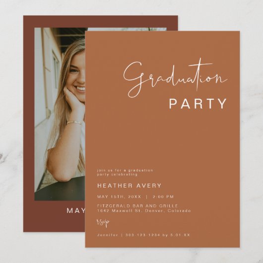 Invitation CORIANDER Terracotta and Rust Graduation Party (Devant / Derrière)