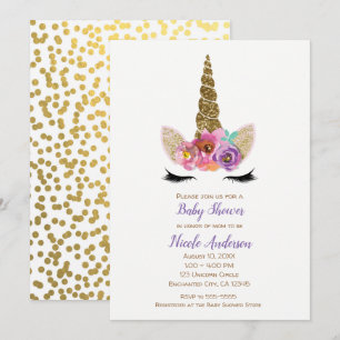 Invitation Corne de Licorne Florale Confettis Dorés Baby Show