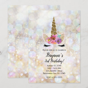 Invitation Corne de Licorne Florale Paillettes Cosmiques Fête