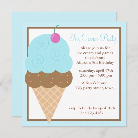 Invitation Cornet de crème glacée bleu-clair (Devant / Derrière)