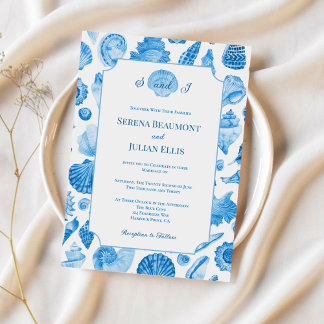 Invitation Cornflower Blue Coastal Seashell Wedding