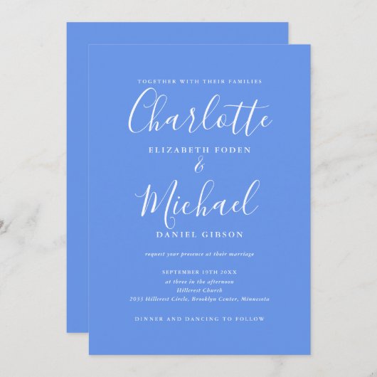 Invitation Cornflower Blue Elegant moderne QR Code Mariage (Devant / Derrière)