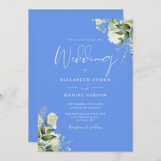 Invitation Cornflower Blue Greenery Floral QR Code Mariage (Devant / Derrière)
