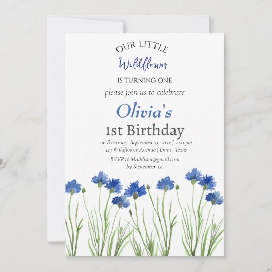 Invitation Cornflowers 1er Anniversaire Fille Bleu Floral (Devant)