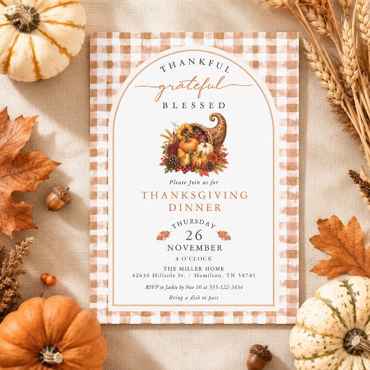 Invitation Cornucopia de Gingham à l'aquarelle d'automne pour