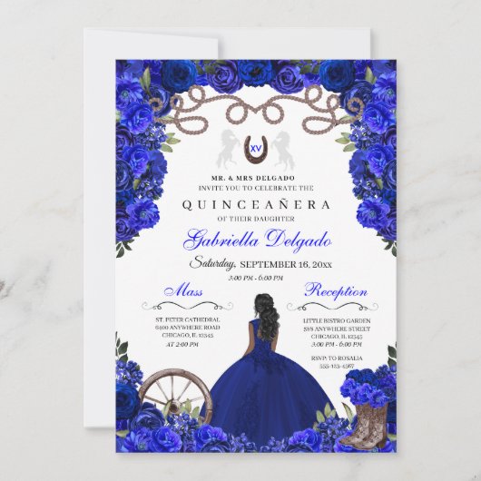 Invitation Corse bleue Charra Floral Quinceanera Ouest (Devant)