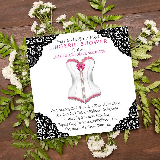 Invitation Corset rose et dentelle noire Douche