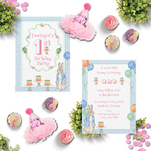 Invitation Corte Peter Rabbit Rose 1ère fête d'anniversaire