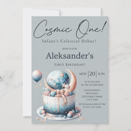 Invitation Cosmic One ! Anniversaire du 1er garçon céleste (Devant)