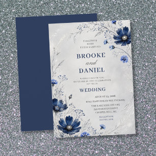 Invitation Cosmos Navy Fleur Sauvage Mariage Argenté