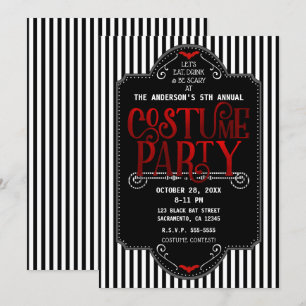 Invitation Costume de fête gothique rouge rayures noires et b